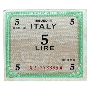 Original WWII Allied 5 Lire banknote for Italy