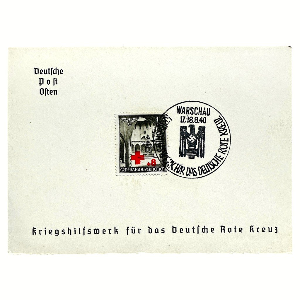 Original WWII German postcard with DRK charity stamp – Warsaw 1940