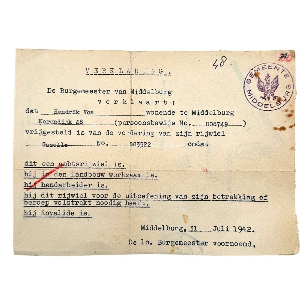 Original WWII Dutch requisition bicycle card Middelburg 1942 (Zeeland)