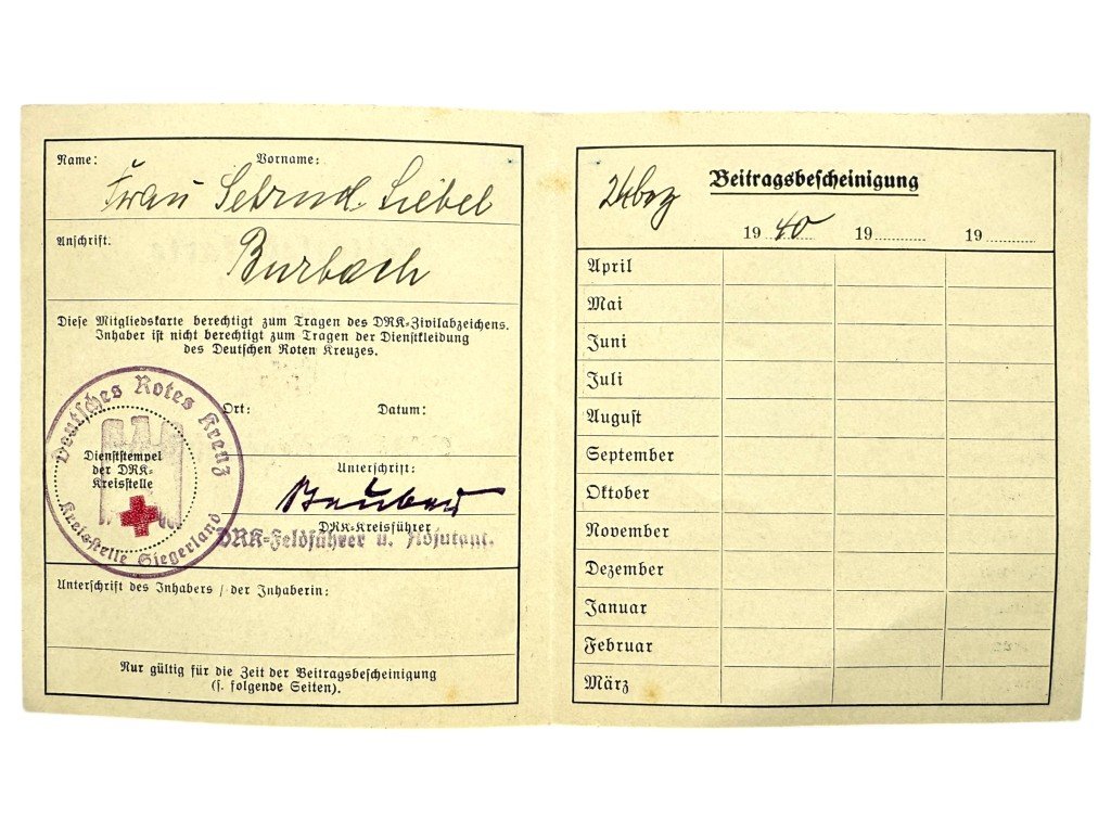 Original WWII German DRK membership card Siegen — image 2