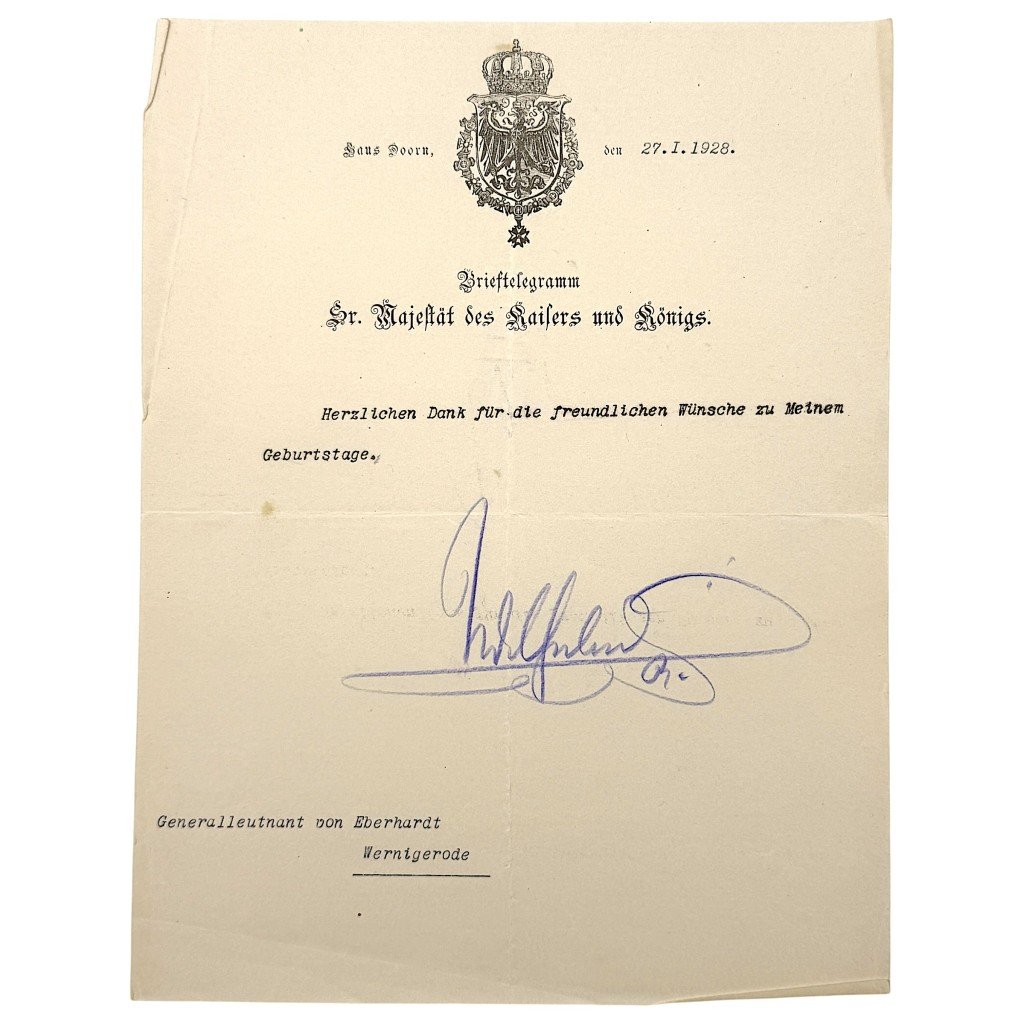 Original 1928 Kaiser Wilhelm II hand signed letter – Huis Doorn
