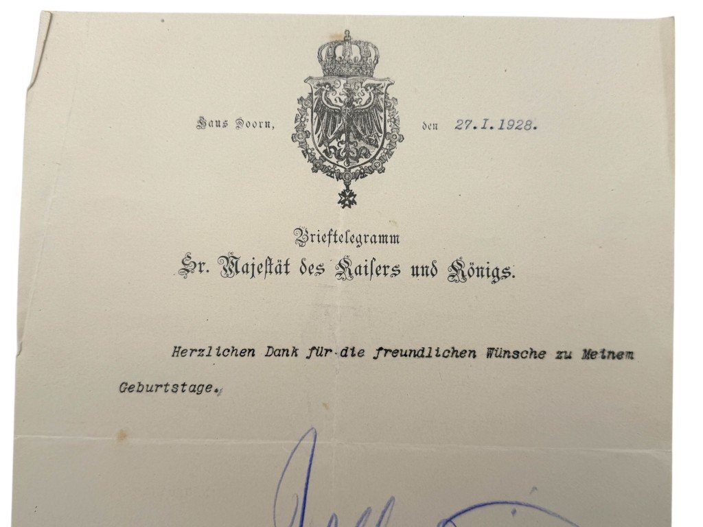 Original 1928 Kaiser Wilhelm II hand signed letter – Huis Doorn — image 2