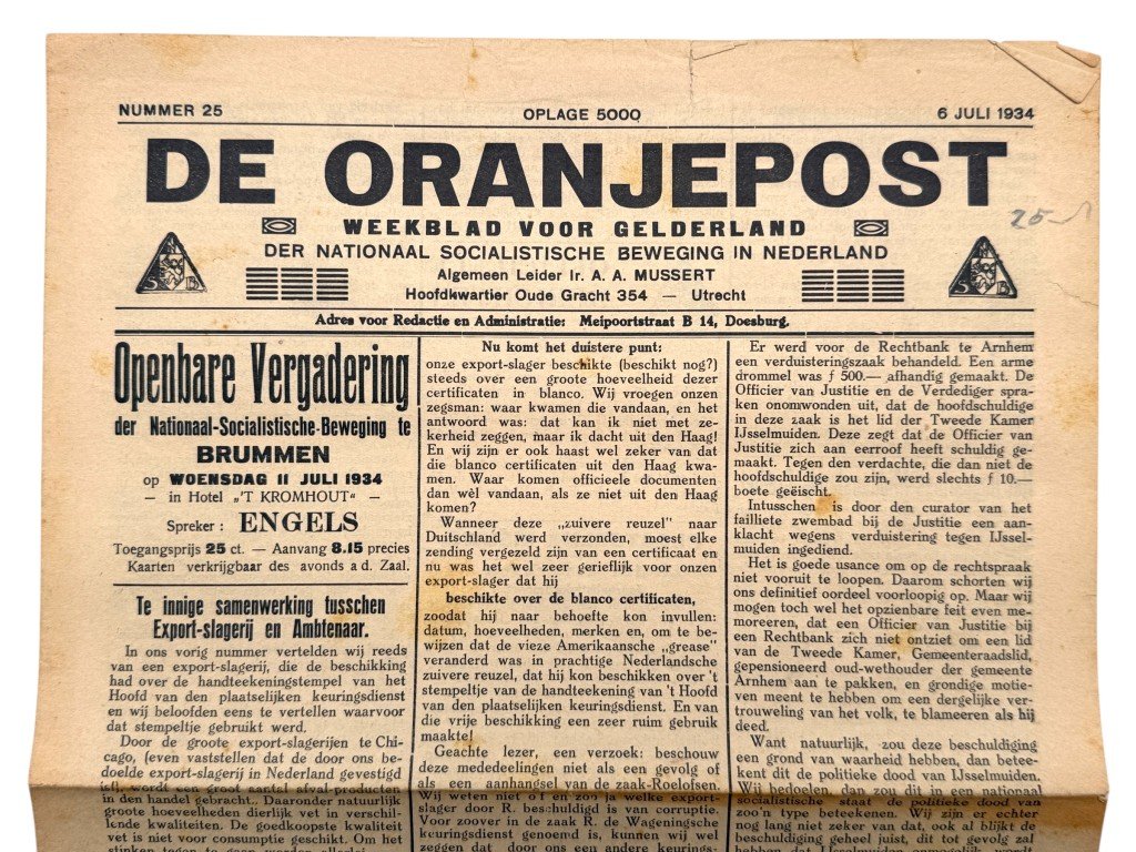 Original 1934 Dutch NSB local newspaper 'De Oranjepost' Gelderland — image 2