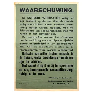 Original WWII Dutch 'Warning' poster regarding blackout in Haarlem 1944