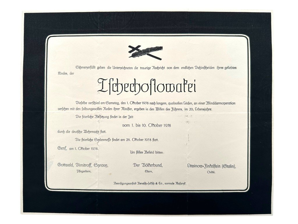 Original 1938 German death card dismantling of Czechoslovakia — image 2