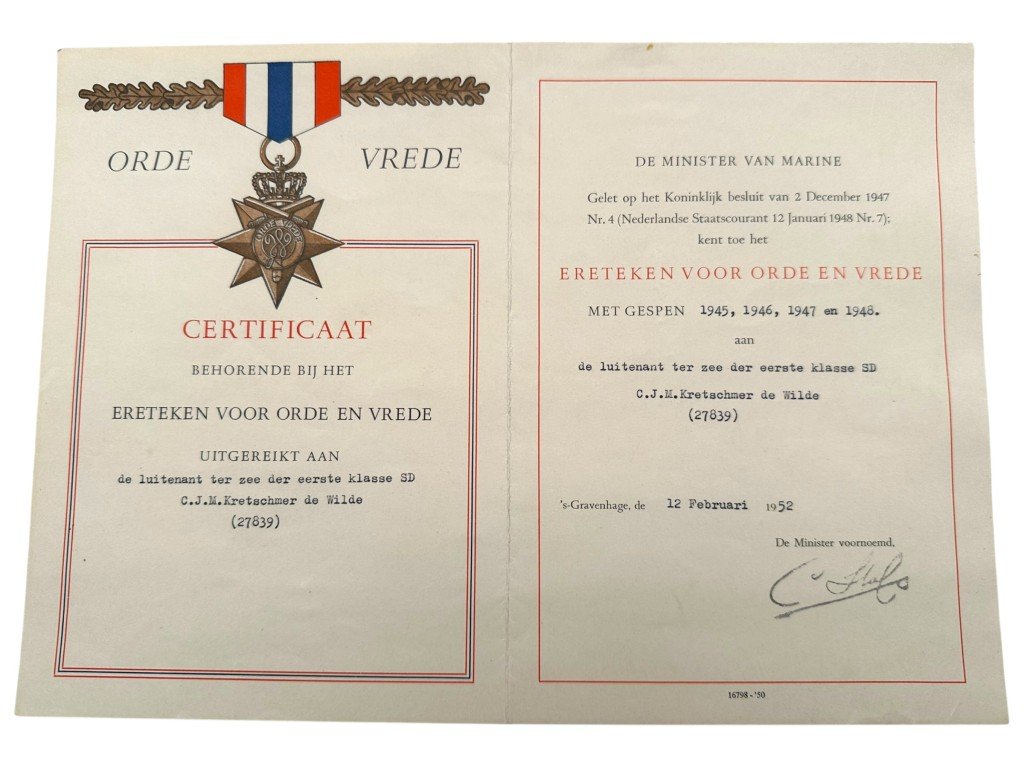 Original 1949-1957 Dutch certificate group named to C.J.M. Kretschmer de Wilde — image 3