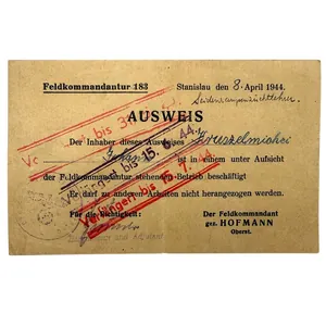 Original WWII German Feldkommandantur 183 in Stanislau Ausweis