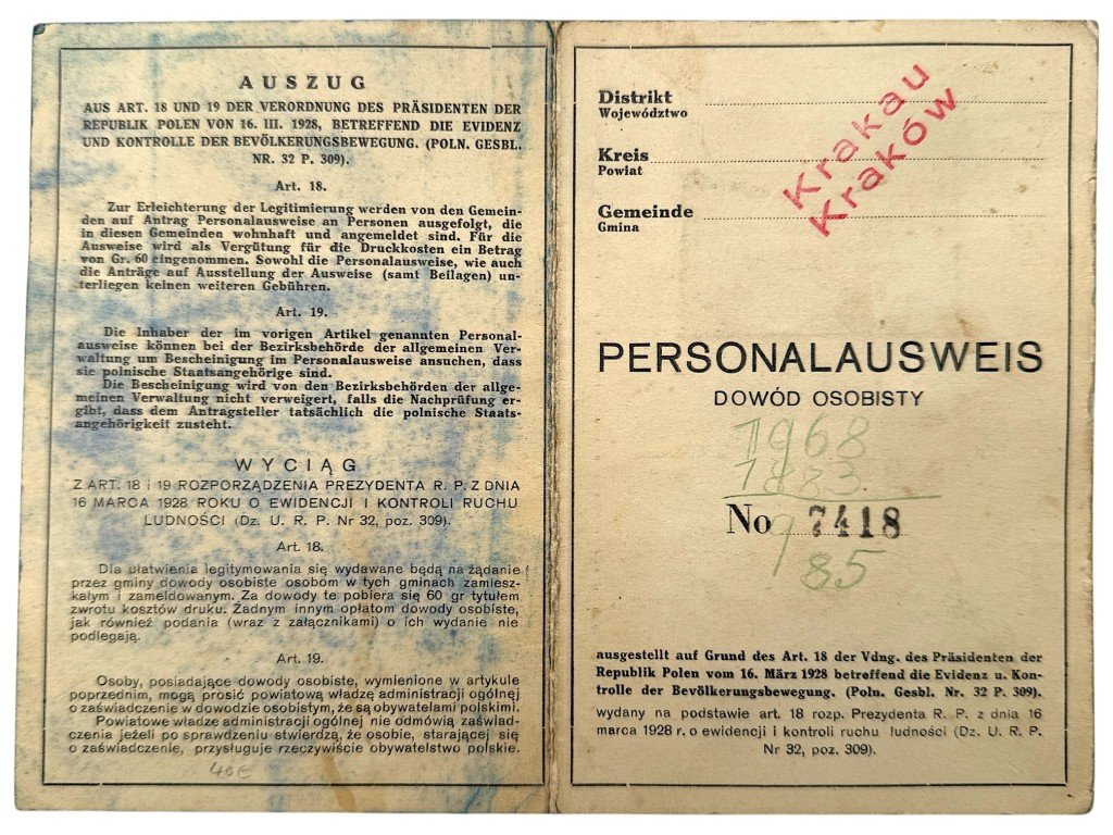 Original WWII German Personal-Ausweis (Dowód Osobisty) Krakau in Poland — image 2