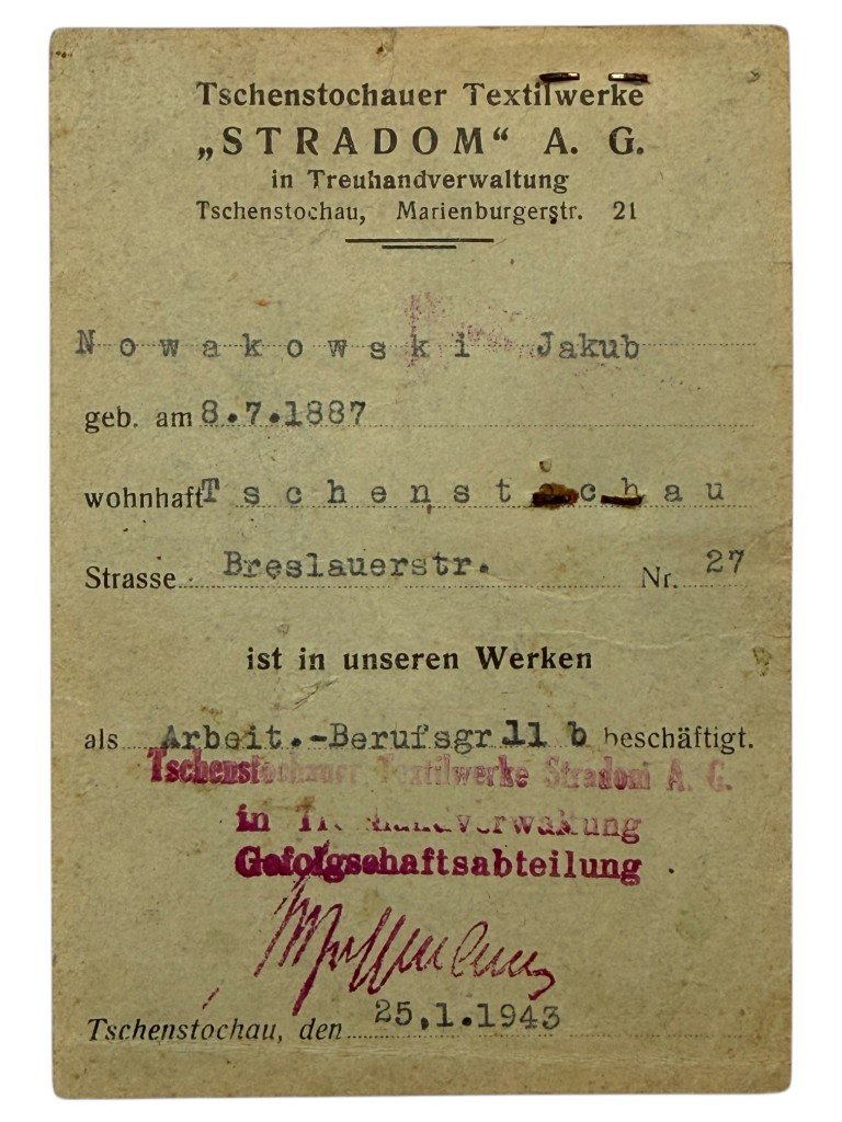 Original WWII German Ausweis Tschensstochauer Textilwerke 'STRADOM' A.G. in Poland — image 2
