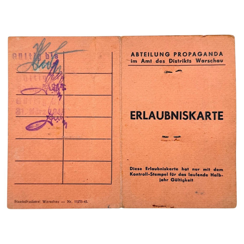 Original WWII German Erlaubniskarte Abteilung Propaganda im Amt des Distrikts Warschau in Poland — image 2