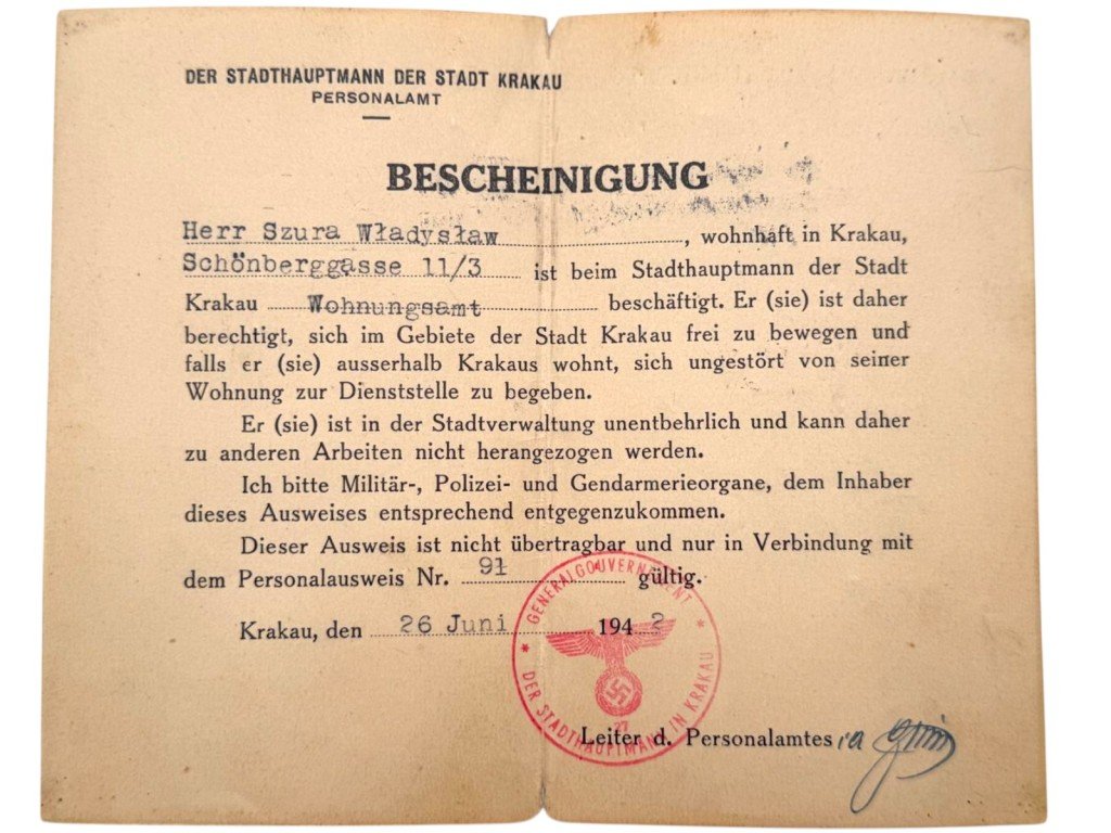 Original WWII German Dienstausweis Wohnungsamt Stadthauptmann der Stadt Krakau in Poland — image 4