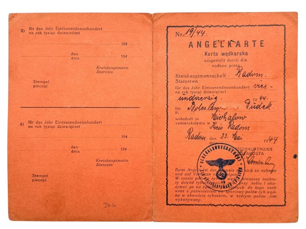 Original WWII German Angelkarte (fishing permit) from Radom in Poland — image 2