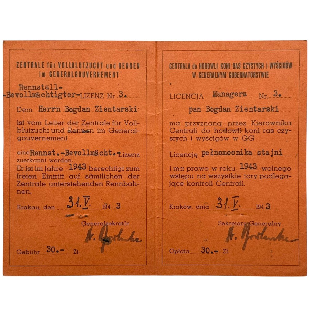 Original WWII German Dienstausweis Lizenz Zentrale für Vollblutzucht und Rennen im Generalgouvernement in Krakau in Poland — image 3