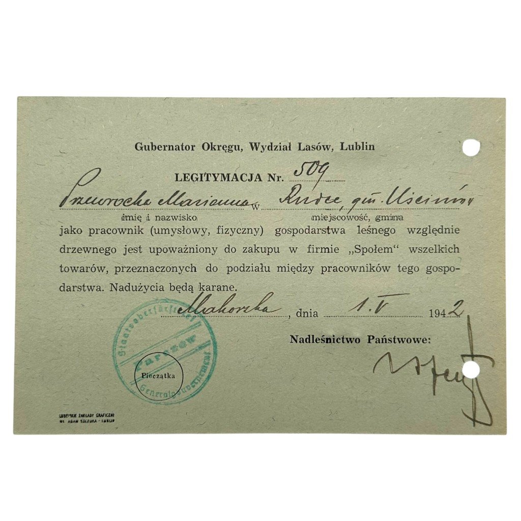 Original WWII German Ausweiskarte / Legitymacja Gouverneur des Distrikts Lublin, Abt. Forsten – Włodawa — image 2