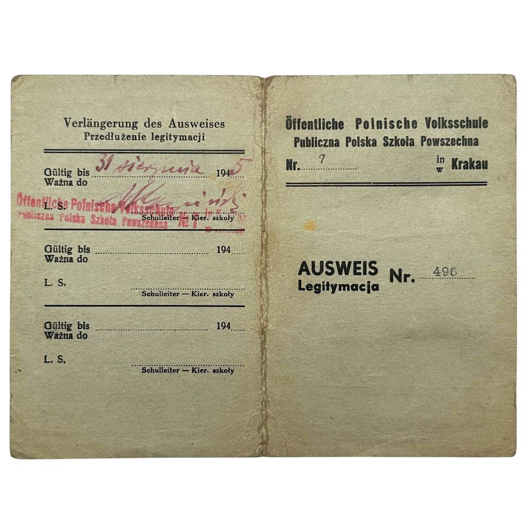 Original WWII German Ausweis / Legitymacja Öffentliche Polnische Volksschule Nr. 7 in Krakau in Poland — image 2