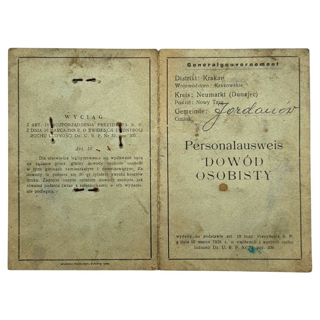 Original WWII German Personalausweis / Dowód Osobisty District of Krakau, Kreis Neumarkt (Nowy Targ), municipality of Jordanów in Poland — image 2