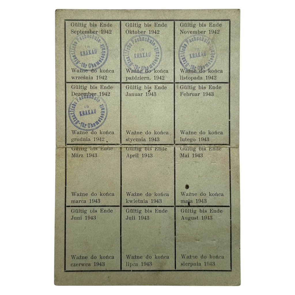 Original WWII German Ausweis / Legitymacja Staatliche Fachschule für Chemotechnik in Krakau in Poland — image 3