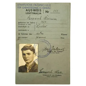 Original WWII German Ausweis / Legitymacja Staatliche Fachschule für Chemotechnik …