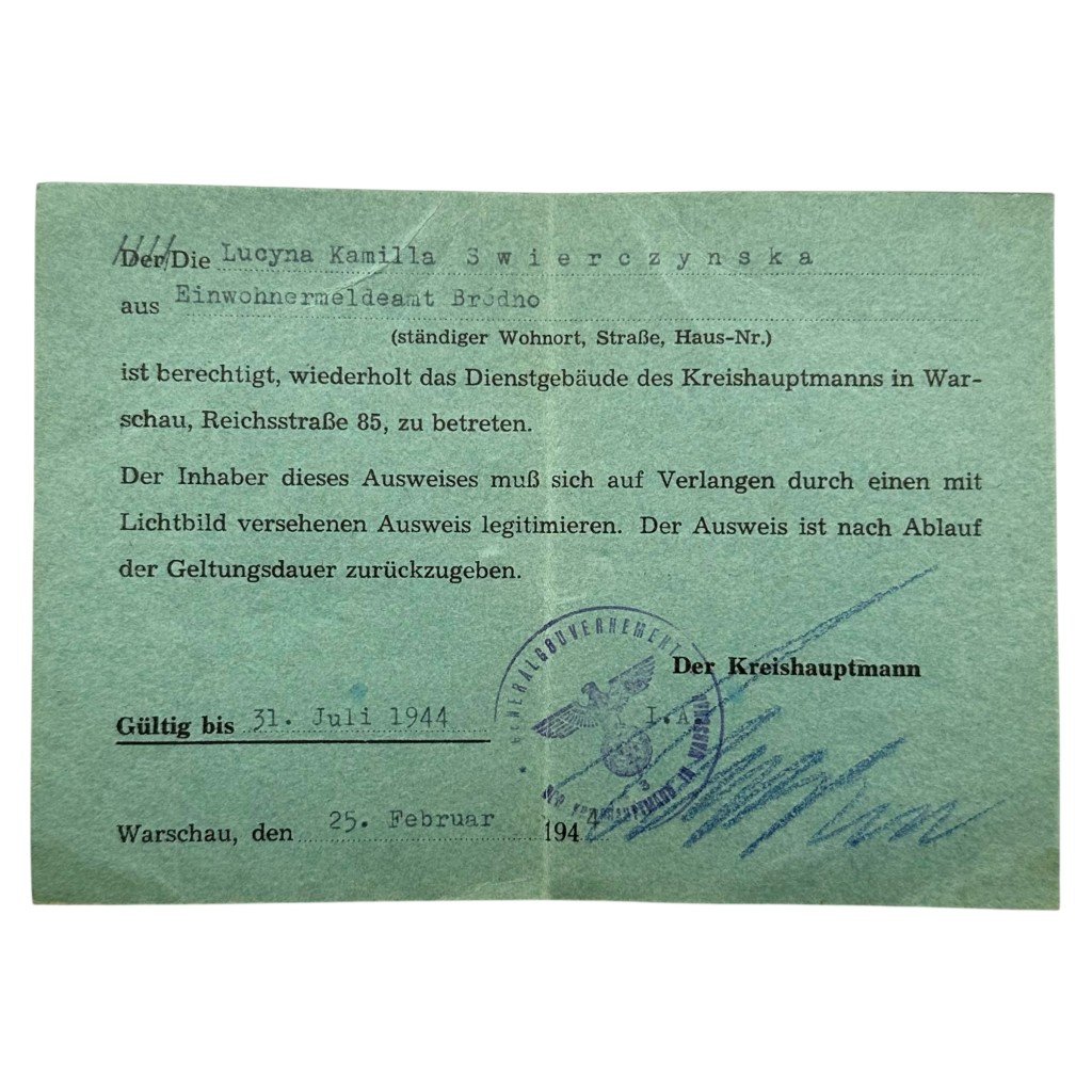Original WWII German Ausweis Der Kreishauptmann in Warschau in Poland — image 2