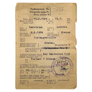 Original WWII German Nachtausweis Krakau (Krakow) in Poland