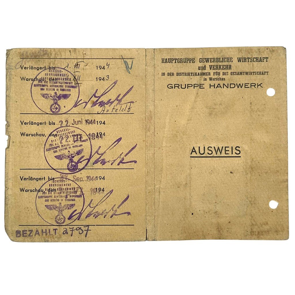 Original WWII German Ausweis Hauptgruppe Gewerbliche Wirtschaft und Verkehr – Gruppe Handwerk in Warschau in Poland — image 4
