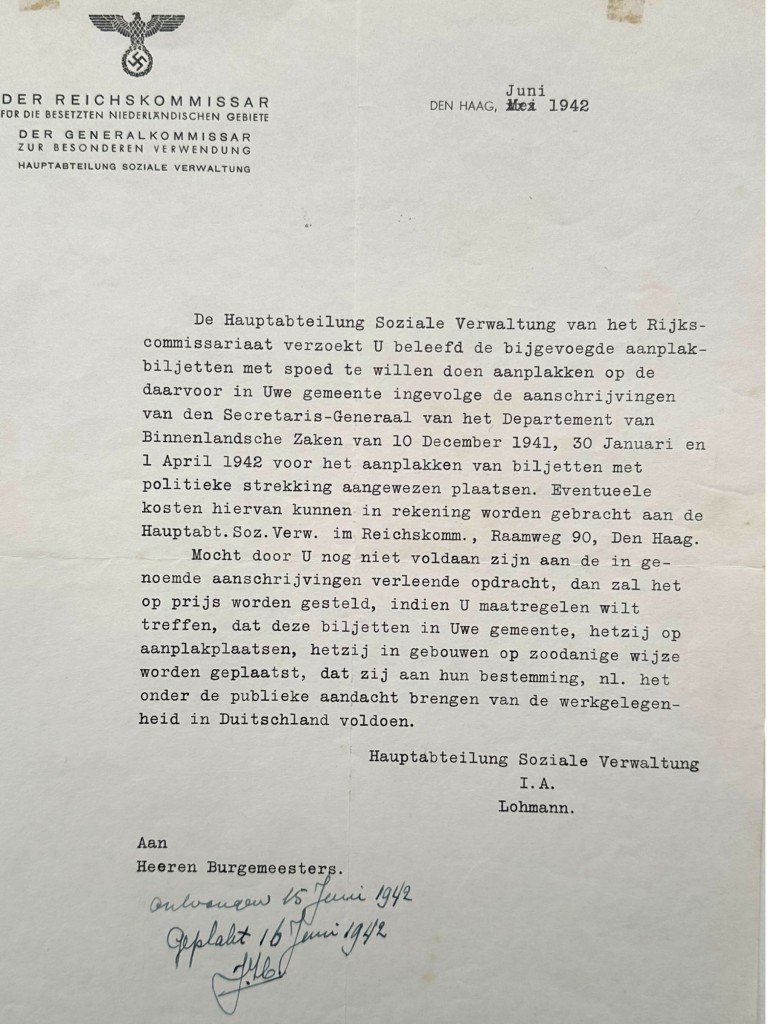 Original WWII German Der Reichskommissar für die besetzten niederländischen Gebiete, Hauptabteilung Soziale Verwaltung document Den Haag — image 2