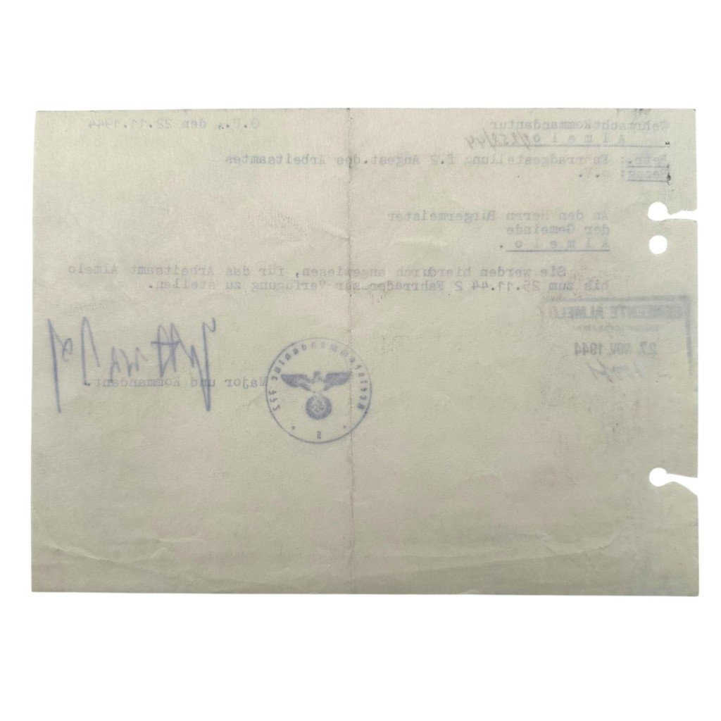 Original WWII German document Wehrmachtkommandantur Almelo 1944 — image 3