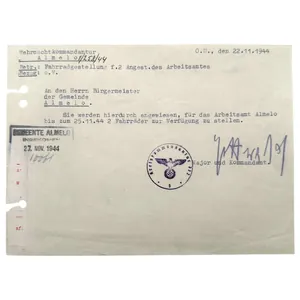Original WWII German document Wehrmachtkommandantur Almelo 1944