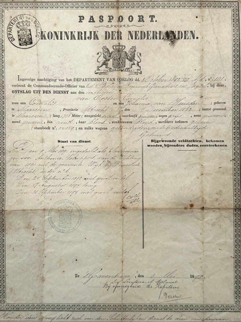 Original 1898 Dutch military passport with discharge from service '4e Bataljon Regiment Grenadiers en Jagers' — image 2