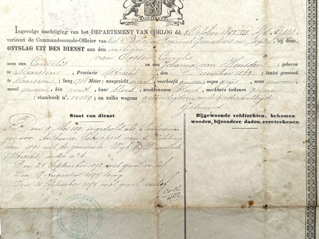 Original 1898 Dutch military passport with discharge from service '4e Bataljon Regiment Grenadiers en Jagers' — image 3