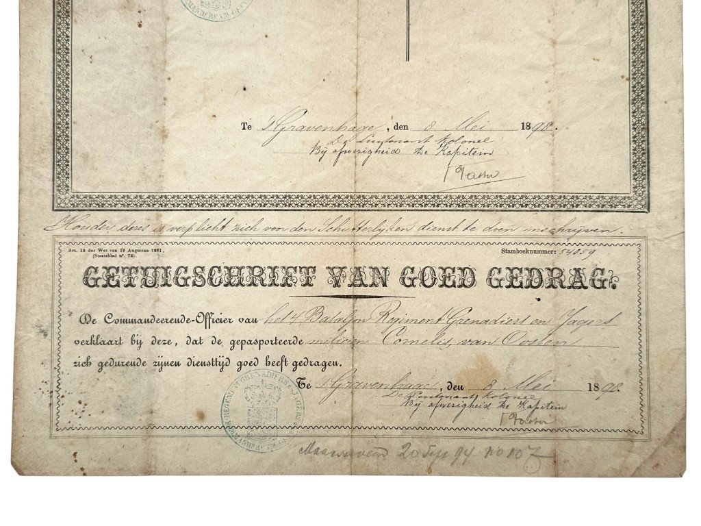 Original 1898 Dutch military passport with discharge from service '4e Bataljon Regiment Grenadiers en Jagers' — image 4