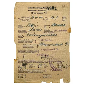 Original WWII German Nachtausweis from Krakow in Poland 1944