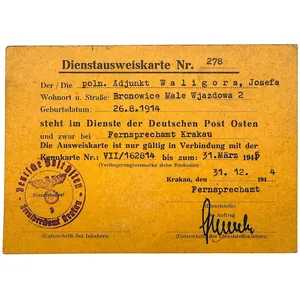Original WWII German Dienstausweiskarte Deutschen Post Osten Krakow in Poland …