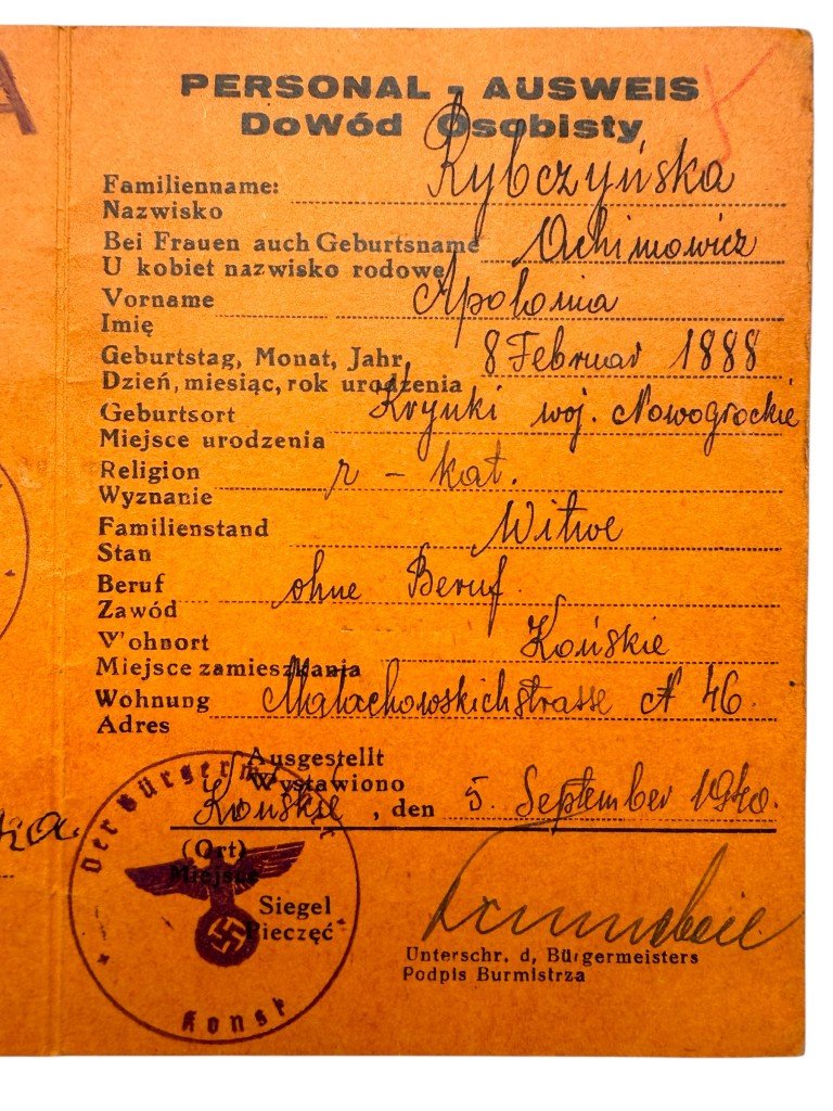 Original WWII German – Polish Ausweis Końskie in Poland 1940 — image 3