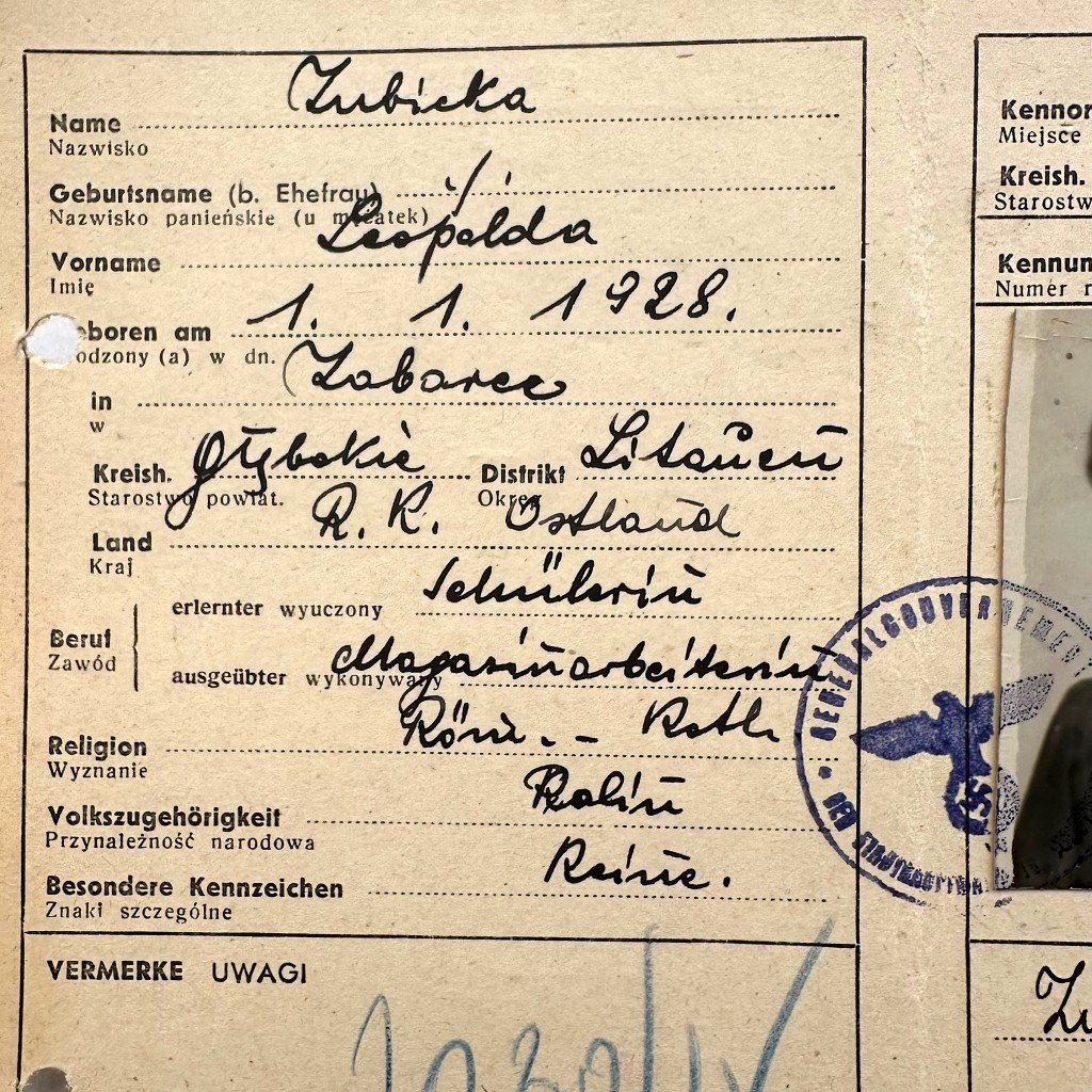 Original WWII German Kennkarte of Leopolda Zubicka from Poland with Radom – Czestochowa — image 3