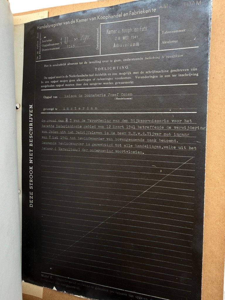 Original WWII Dutch Chamber of Commerce file Maison de Bonneterie Kalverstraat Amsterdam 1921-1941 documenting aryanization of Jewish business — image 18