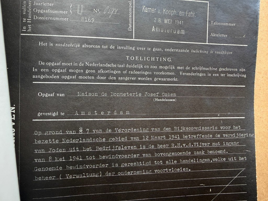 Original WWII Dutch Chamber of Commerce file Maison de Bonneterie Kalverstraat Amsterdam 1921-1941 documenting aryanization of Jewish business — image 19