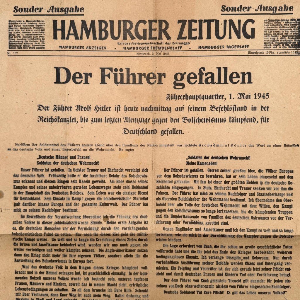 Original WWII German newspaper Hamburger Zeitung Sonderausgabe – death of Adolf Hitler – May 1, 1945 — image 2
