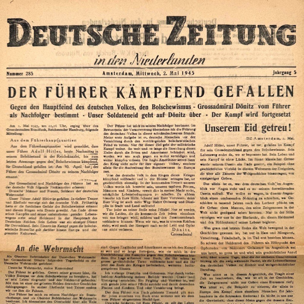 Original WWII German Deutsche Zeitung in den Niederlanden – death of Adolf Hitler – May 2, 1945 — image 2