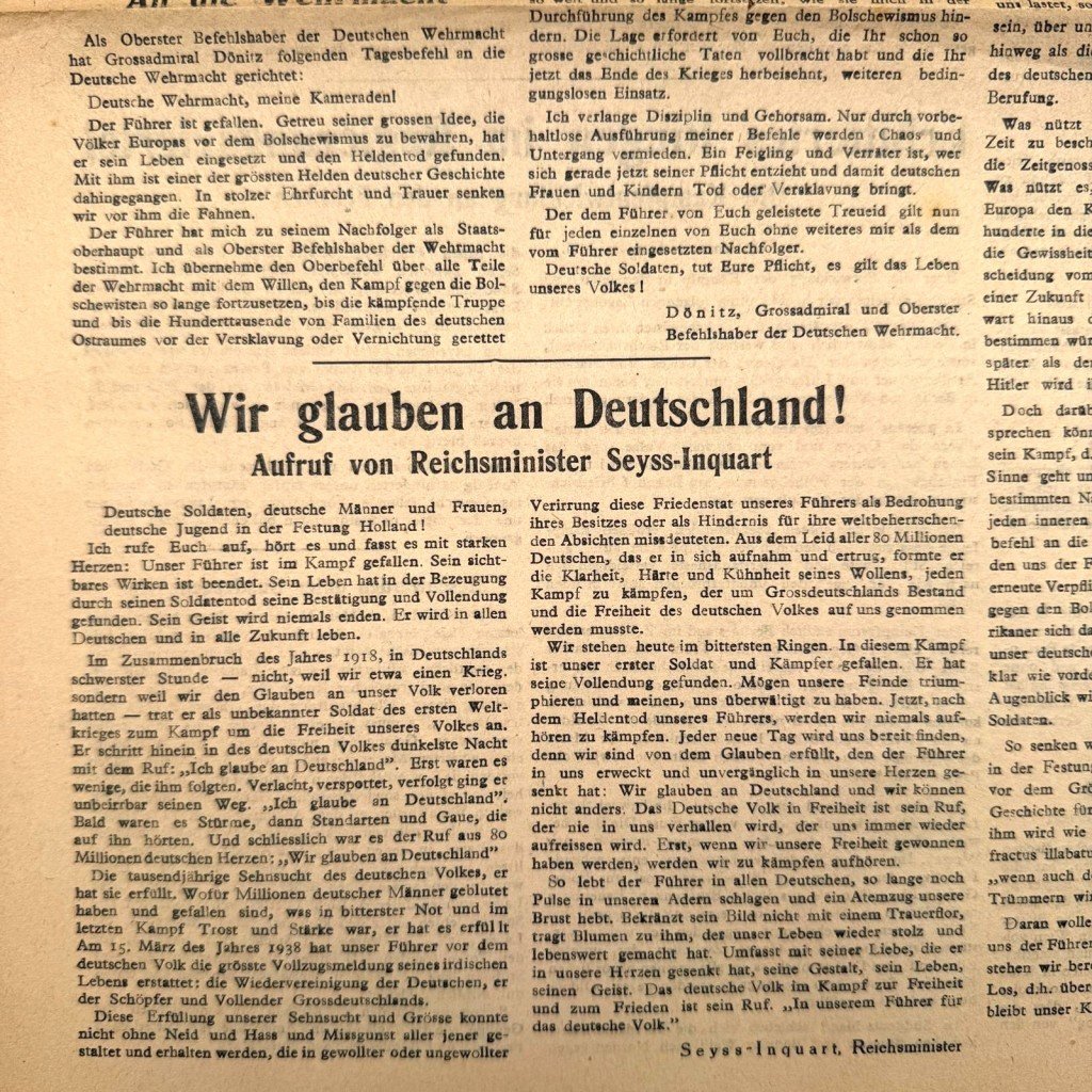 Original WWII German Deutsche Zeitung in den Niederlanden – death of Adolf Hitler – May 2, 1945 — image 4