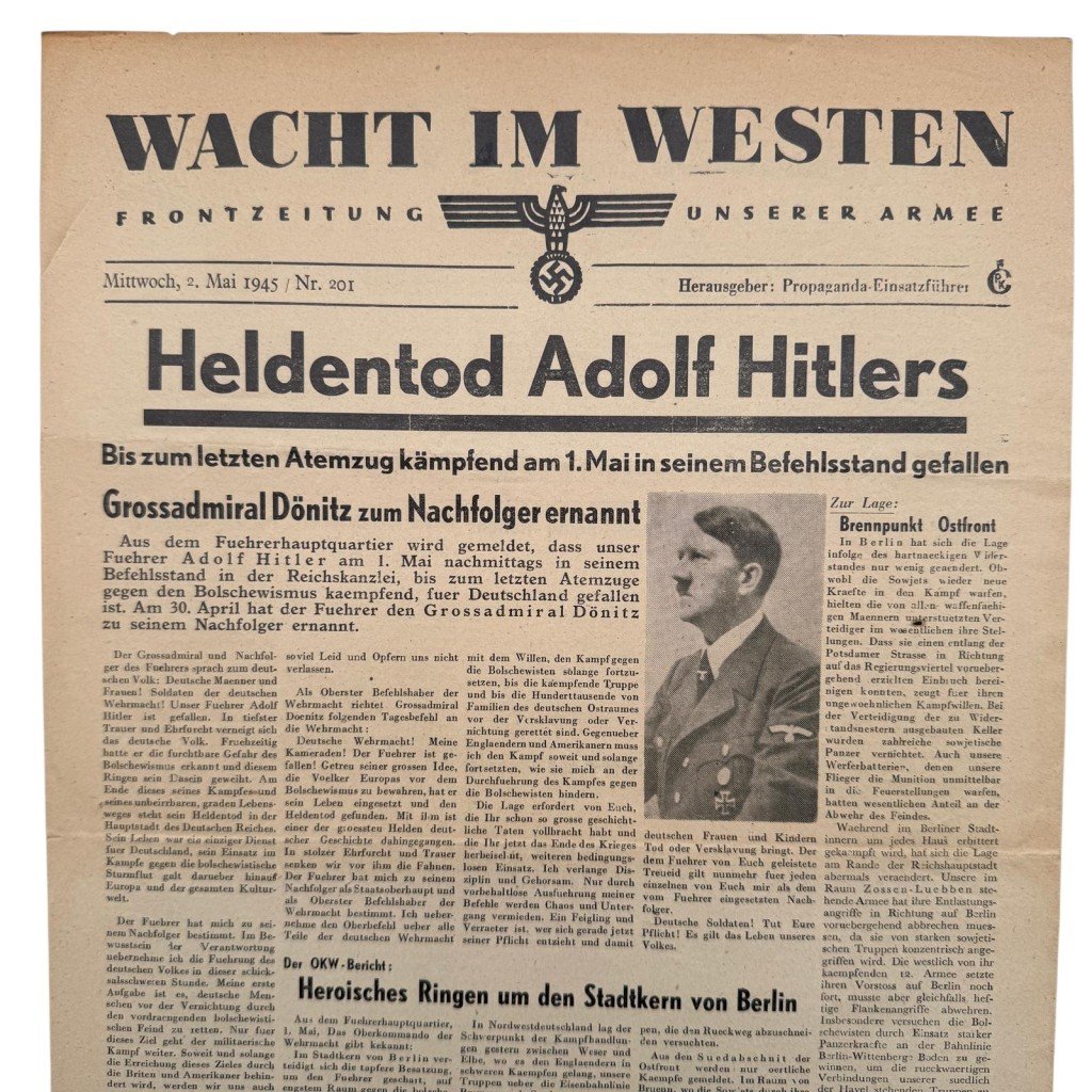 Original WWII German newspaper 'Wacht im Westen' with death of Adolf Hitler – May 2, 1945 — image 2