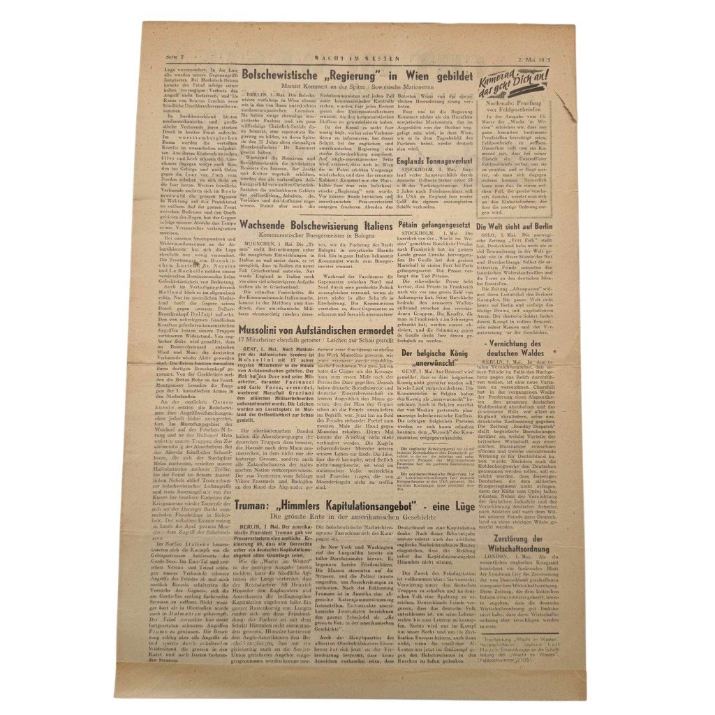 Original WWII German newspaper 'Wacht im Westen' with death of Adolf Hitler – May 2, 1945 — image 5