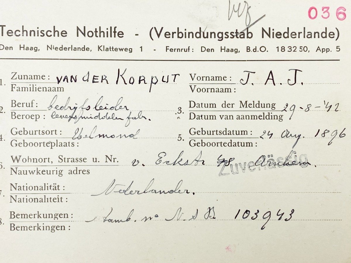 Original WWII Dutch Technische Noodhulp ID card 'Helmond' — image 2