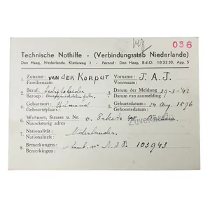 Original WWII Dutch Technische Noodhulp ID card 'Helmond'