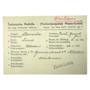 Original WWII Dutch Technische Noodhulp ID card from Rheden