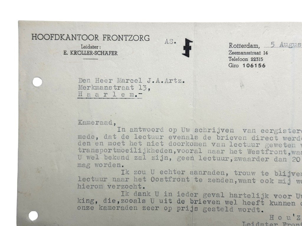 Original WWII Dutch Frontzorg document E.Kröller-Schäfer regarding sending lecture to the Westfront — image 3