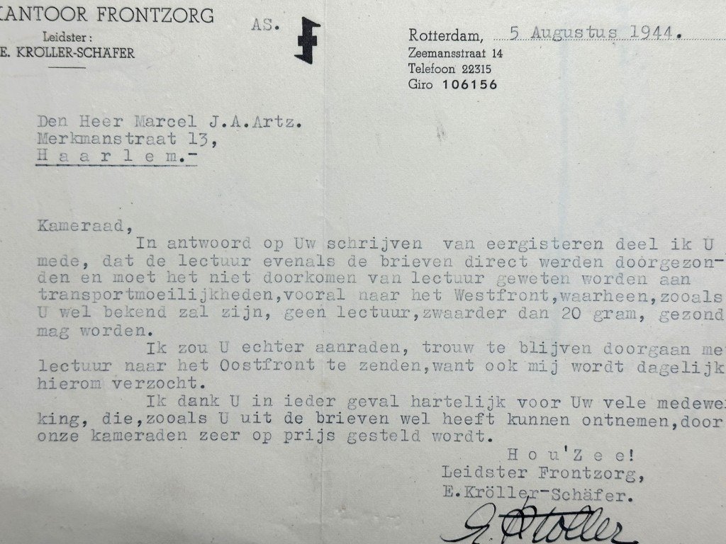 Original WWII Dutch Frontzorg document E.Kröller-Schäfer regarding sending lecture to the Westfront — image 4