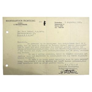 Original WWII Dutch Frontzorg document E.Kröller-Schäfer regarding sending lecture to …
