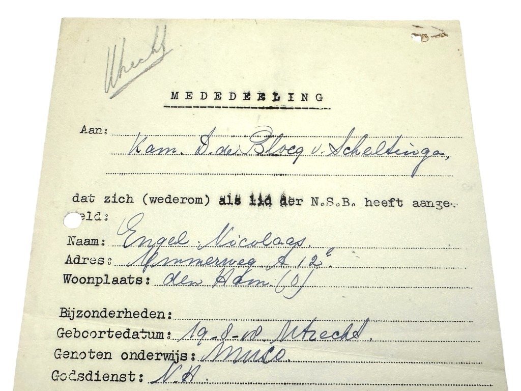 Original WWII Dutch NSB re-registration document Den Ham/Utrecht — image 2