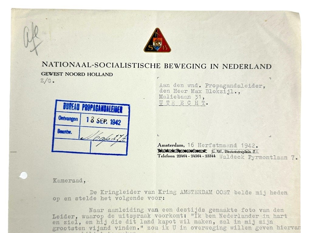 Original WWII Dutch NSB document from H.R.S. Zillles to Max Blokzijl — image 2